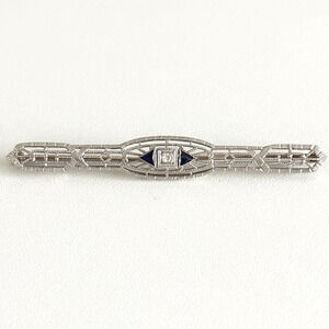 Antique 14K Solid White Gold Sapphire & Diamond Intricate Detail Bar Brooch Pin